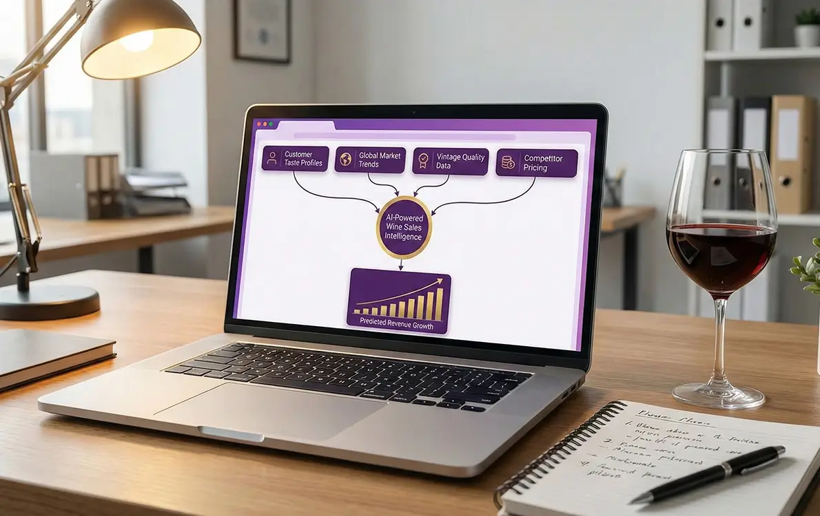 Laptop displaying AI-powered wine sales intelligence dashboard showing predictive revenue growth, customer data analysis, and ecommerce forecasting for winery marketing strategy