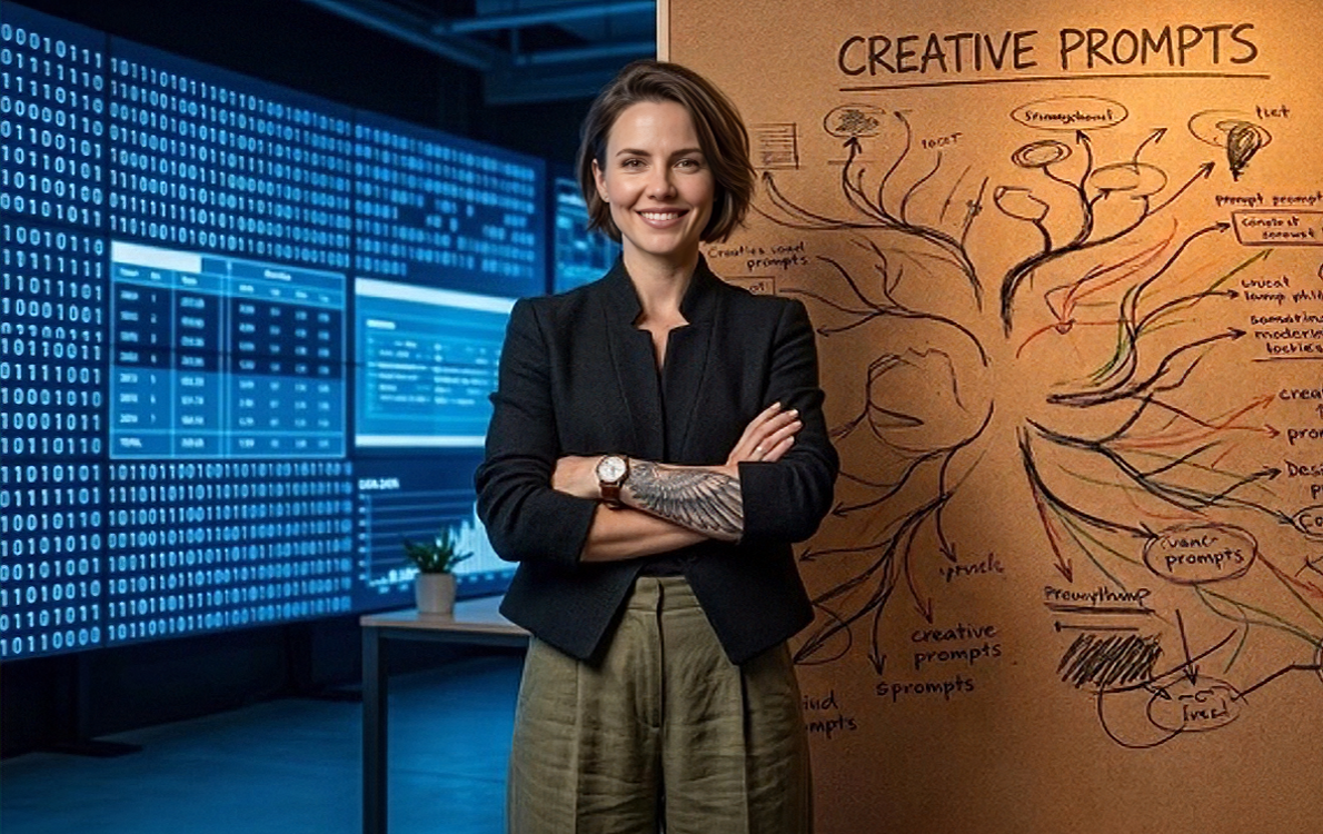 Woman thinking about new ideas representing curiosity, experimentation, and strategic thinking in the AI era of marketing