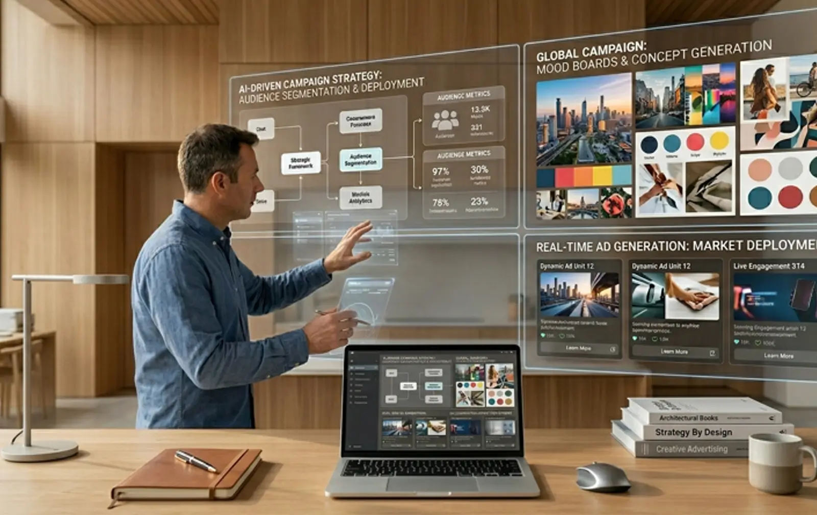 Digital workspace showing AI collaboration evolving from simple tasks to advanced workflow systems